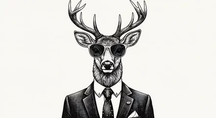Fototapete Rund Stylish Deer in a Suit: Hand-Drawn Monochrome Illustration AI Generated © VuongThien