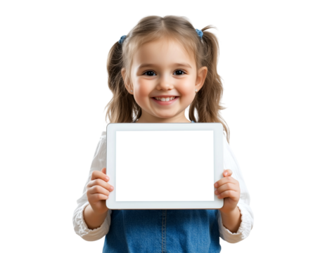 Happy little girl holding a tablet with blank screen, isolated on transparent background