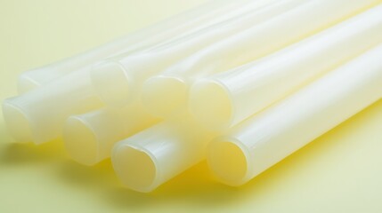 A white orchid with hints of pink on the petals, isolated against a smooth pastel yellow background.