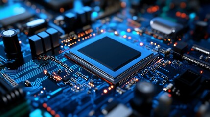 Obraz premium Glowing circuit board. A central chip surrounded by components with intricate, illuminated pathways. Electric, high-tech