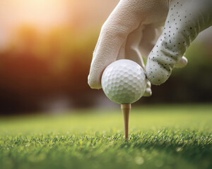 golfer hand carefully sets golf ball on tee, showcasing focus and precision in serene outdoor setting. warm sunlight enhances moment