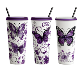  Three different designs of skinny tumblers, each design featuring butterflies and purple sparkles  on a transparent background png 