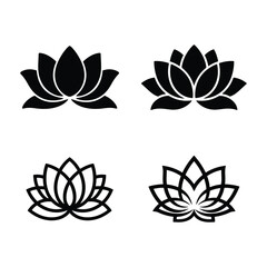 Lotus Flower Silhouettes and Line Drawings, Sacred Lotus Icon Bundle Black and Outline Style Vector Pack isolated white background