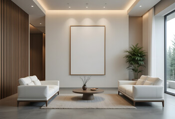 Stylish Minimalist Interior with Framed Wall Art and Modern Lounge Chairs