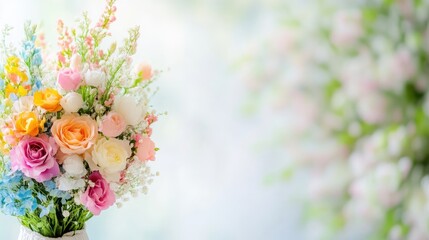 Pastel Flower Bouquet Spring Blooms, Soft Focus Vibrant Lighting, Close-up Partial View, Delicate Textures, Floral Arrangement, Soft Spring Garden, Bright Cheerful Mood, Ideal for Greeting Cards