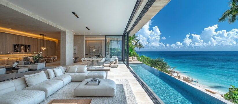 Luxurious beachfront villa living room with ocean view pool
