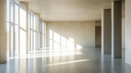 Obraz premium Serene interior with sunlight streaming through architectural columns