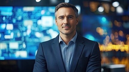 Confident tv news presenter delivering live news in modern studio