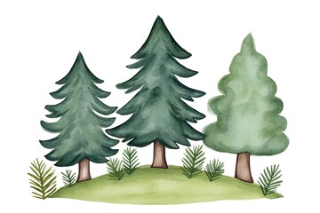 Obraz premium Colorful Watercolor Illustration of Three Pine Trees on Green Hill