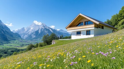 Alpine chalet nestled on hillside meadow, mountain view