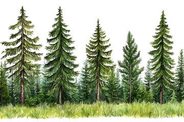 Obraz premium Detailed Illustration of Tall Evergreen Trees in a Forest Setting