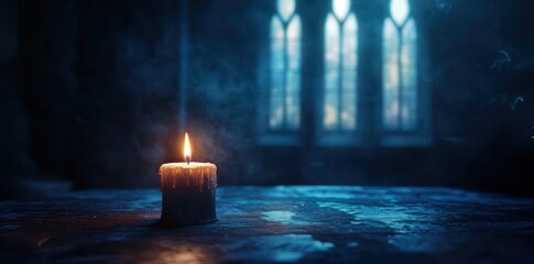 Candle burning on a table in a dark room with blurred church windows in the background.