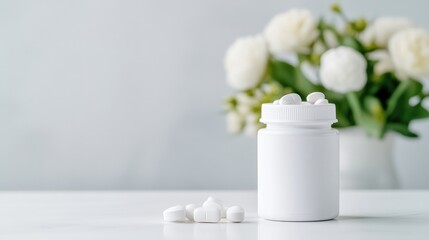 Pill Bottle White Pills Clean Minimalist Style High-Resolution Soft Lighting Front View Simple Design Health Supplements White Flower Background Pure Serene Mood Pharmaceutical Advertising
