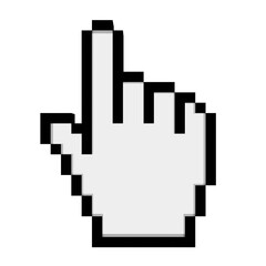 Pixelated pointing hand cursor.  A simple, white, pixelated hand icon, representing a mouse cursor