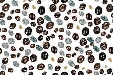 Papaya seeds watercolor seamless pattern isolated on white. Hand-painted tropical fruit clip art perfect for culinary designs, textile, wrapping paper, prints, cards, packages, scrapbooking. Textured