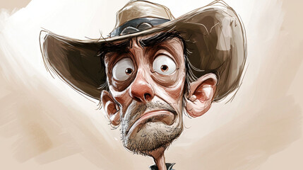 cartoon cowboy with large hat exaggerated features looks surprised. illustration has humorous whimsical style