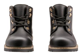 Stylish black leather boots shine brightly against pure white background. AI Generated