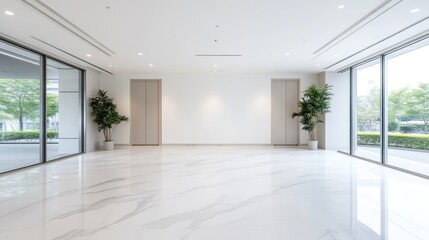Fototapeta premium Empty modern office space with large windows showcasing natural light, minimalist interior design, white marble floor, indoor plants, and spacious and bright.