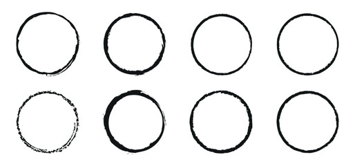Set of grunge circle brush. Grunge round frames, grunge textured hand drawn elements set. Vector illustration.
