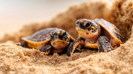 Hatchling turtles emerging from nest in sand, beginning their life journey