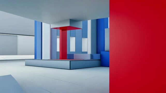 Abstract geometric composition in red, white, and blue hues, futuristic spatial arrangement