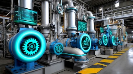 Obraz premium Industrial machinery with augmented reality displays showing gear mechanics in a high-tech factory