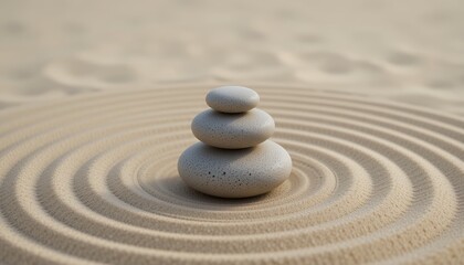 Zen Stones Pyramid on Sand with Concentric Raked Circles - Equilibrium Concept