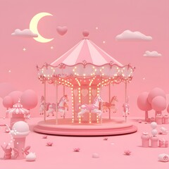 Pink Carousel with Horses Illustration in Whimsical Pastel Dreamscape Style