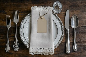 Place setting with plate silverware napkin and tag on a wooden surface.