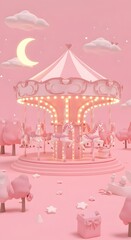 Obraz premium Pink Carousel with Horses, Clouds, Moon, and Gift Box in Dreamy Landscape
