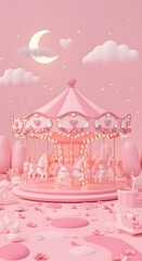 Carousel with Horses and Pink Theme Illustration for Kids and Romance