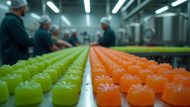 Industrial cannabis gummy production line with conveyor belts and manufacturing equipment.