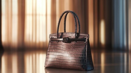 Elegant crocodile embossed handbag against a blurred window backdrop