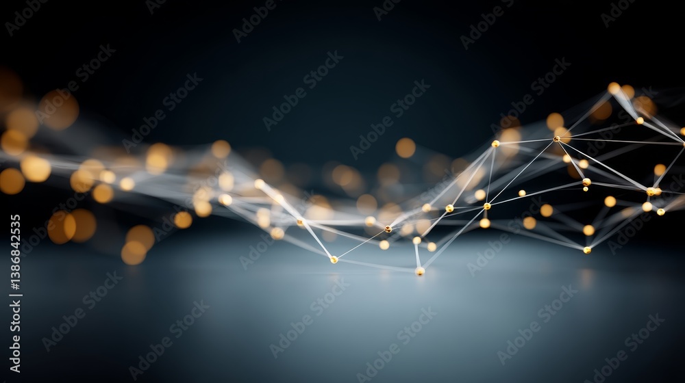 Poster Abstract design features golden dots and lines interconnected across a dark blue backdrop, symbolizing technology and global connections in a sleek manner