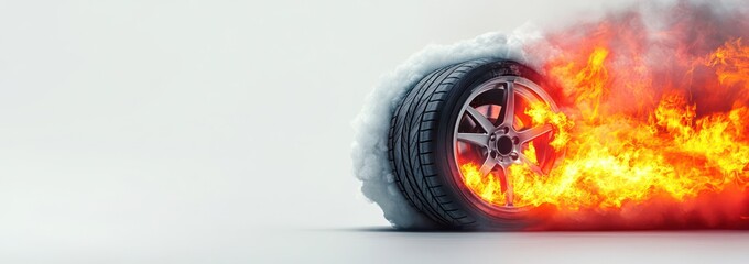 white background with a car wheel on fire, a burning tire doing a burnout drift on a race track turn.