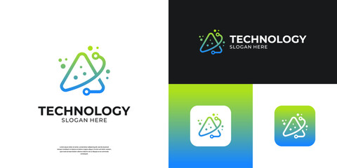 Fototapeta premium Letter A tech logo design template. Future icon with triangle shape and data connection.