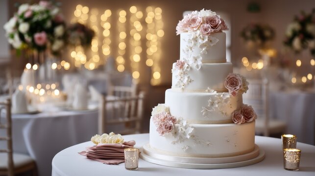 A stunning wedding cake adorned with delicate rose flowers sits elegantly on a table, illuminated by soft light, enhancing the romantic atmosphere for the celebration