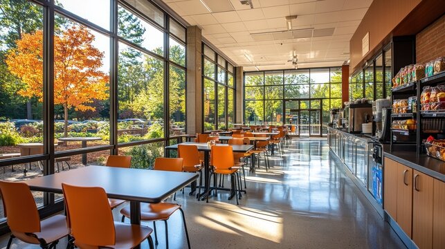 Sunlit cafeteria with orange chairs, tables, and outdoor view