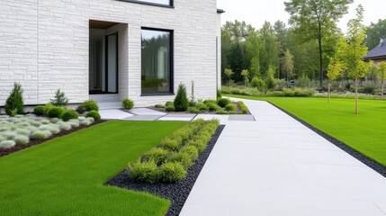 Obraz premium A modern homes landscaped front yard features a pristine, light-grey paved walkway leading to the entrance. Neatly trimmed hedges and lush green lawns surround the path. The house is a light-grey bri