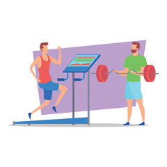 Two individuals exercising in gym setting. One person running on treadmill while other lifting weights. Workout routine concept