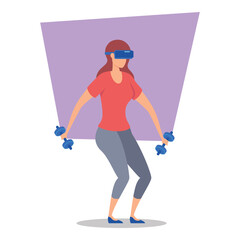 Woman immersed in virtual fitness session while doing exercises with dumbbells. Focus and determination concept