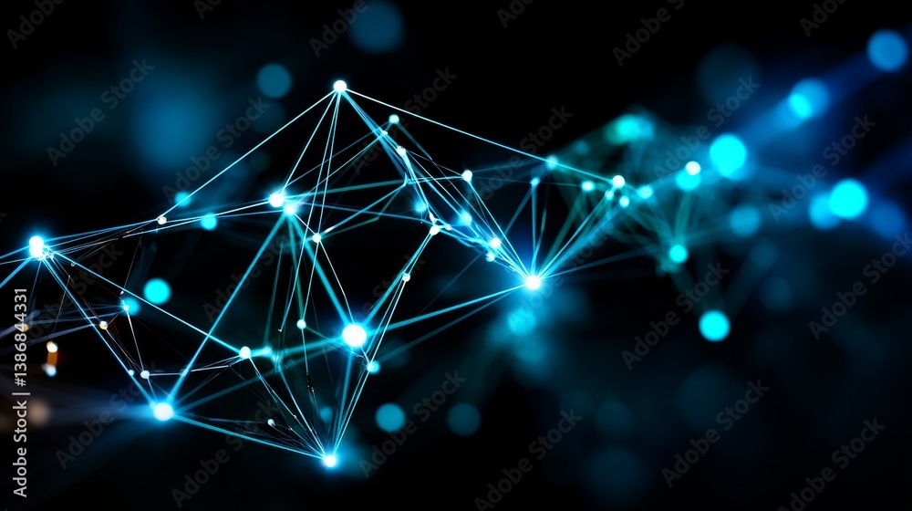 Wall mural network blue dots connected by lines form a digital web with blurred bokeh lights on black. futurist