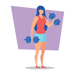 Fit woman lifting dumbbells in vibrant space, showcasing strength and determination. Girl wearing top and shorts. Athleticism during workout concept