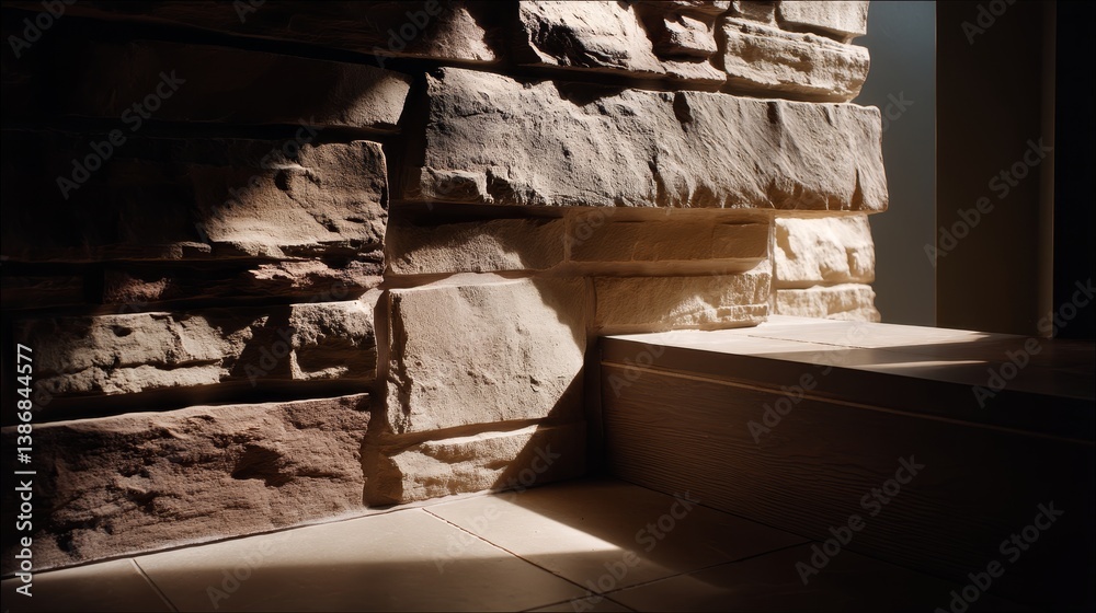 Aufkleber late afternoon light highlights a cracked stone wall, creating an interplay of shadows and colors sh