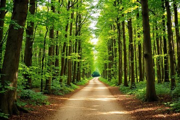 Obraz premium Serene forest path surrounded by tall green trees, photorealistic style, natural daylight background, concept of tranquility and outdoor exploration. Ai generative