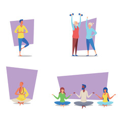 Vibrant collection of individuals engaging in various fitness activities. Participants including yoga, weightlifting, and meditation. Health and wellness concept