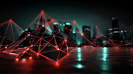 Red network over city. Black skyline behind shiny water, with a triangle mesh