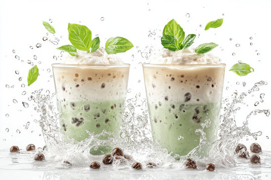 Photography summer drink Two refreshing iced matcha latte drinks with creamy foam, topped with fresh green leaves, surrounded by splashing water and tapioca pearls