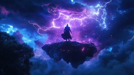 Fototapeta premium Mysterious figure stands on floating land while casting lightning towards an enchanted castle at twilight
