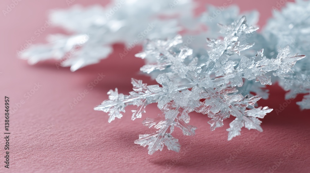 Poster A snowflake with intricate crystal structures is placed on a soft pastel surface, illuminated by gentle lighting, creating a tranquil winter atmosphere